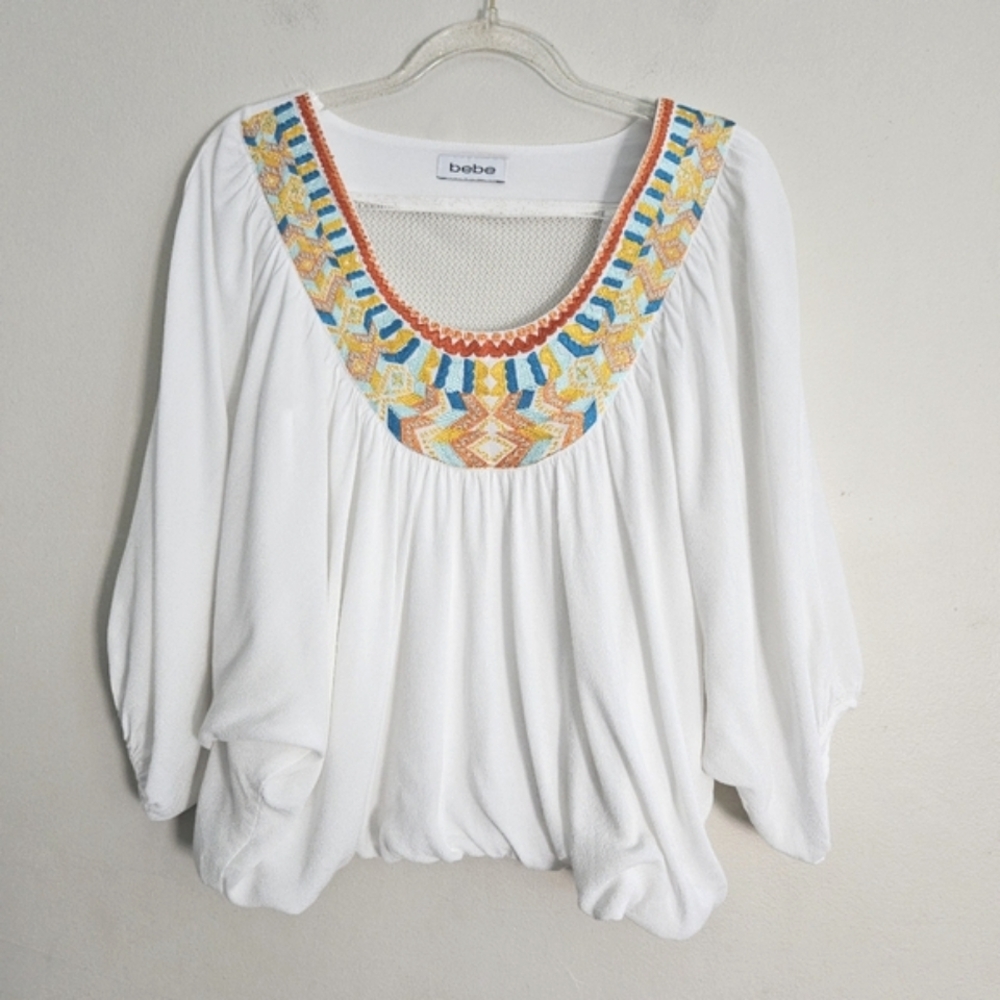 Bebe White Crop Top Boho Embroidered Batwing Dolman Blouse Size Small-Medium